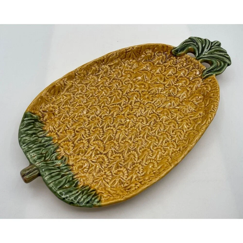 Olfaire Large Majolica Pineapple Plate Dish Serving Tray 15x9 Made in Portugal
